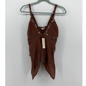 Speed Limit MPH Womens Brown Sequin Handkerchief Hem Camisole Top Boho L NEW